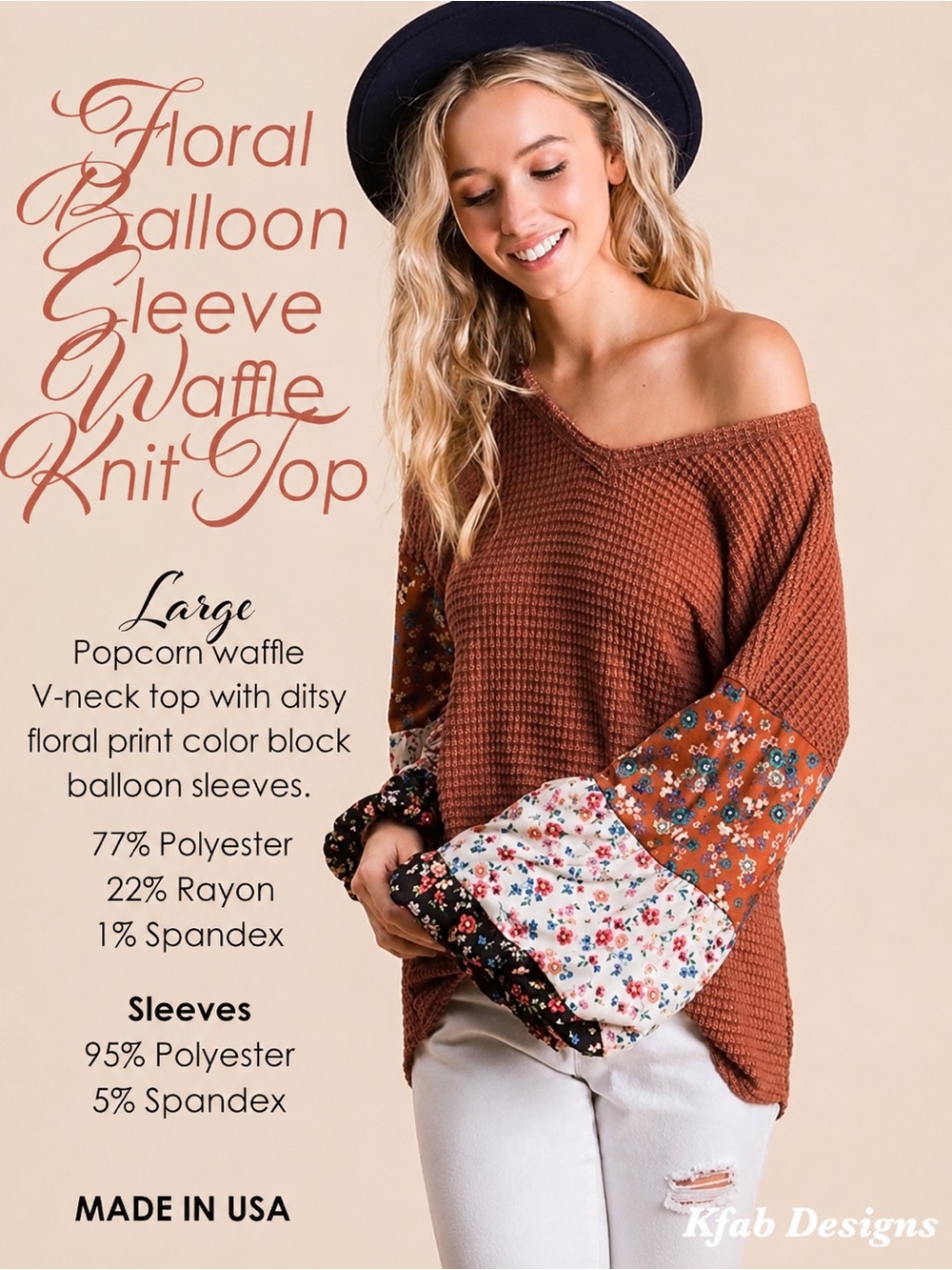 Floral Balloon Sleeve Waffle Knit Top NEW